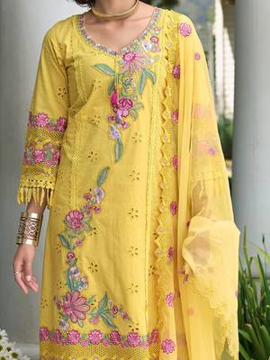 Women Floral Embroidered Regular Sequinned  Cotton Kurta with Trousers & With Dupatta 3