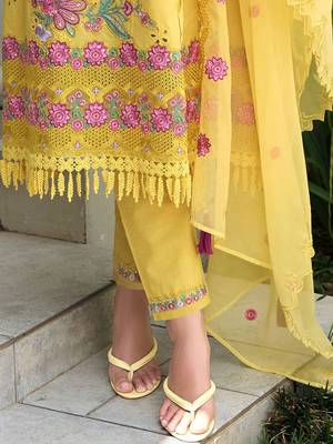 Women Floral Embroidered Regular Sequinned  Cotton Kurta with Trousers & With Dupatta 5