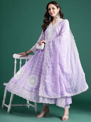 Ethnic Motifs Embroidered Thread Work  Cotton Kurta With Trousers & Dupatta 1