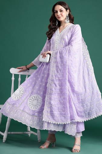 Ethnic Motifs Embroidered Thread Work  Cotton Kurta With Trousers & Dupatta
