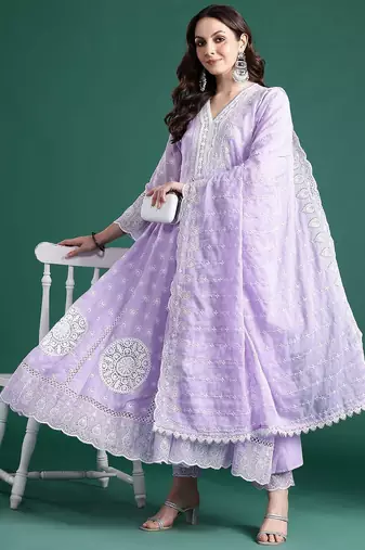 Ethnic Motifs Embroidered Thread Work Pure Cotton Kurta With Trousers & Dupatta