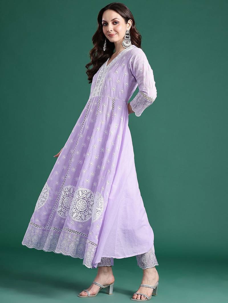 Ethnic Motifs Embroidered Thread Work  Cotton Kurta With Trousers & Dupatta