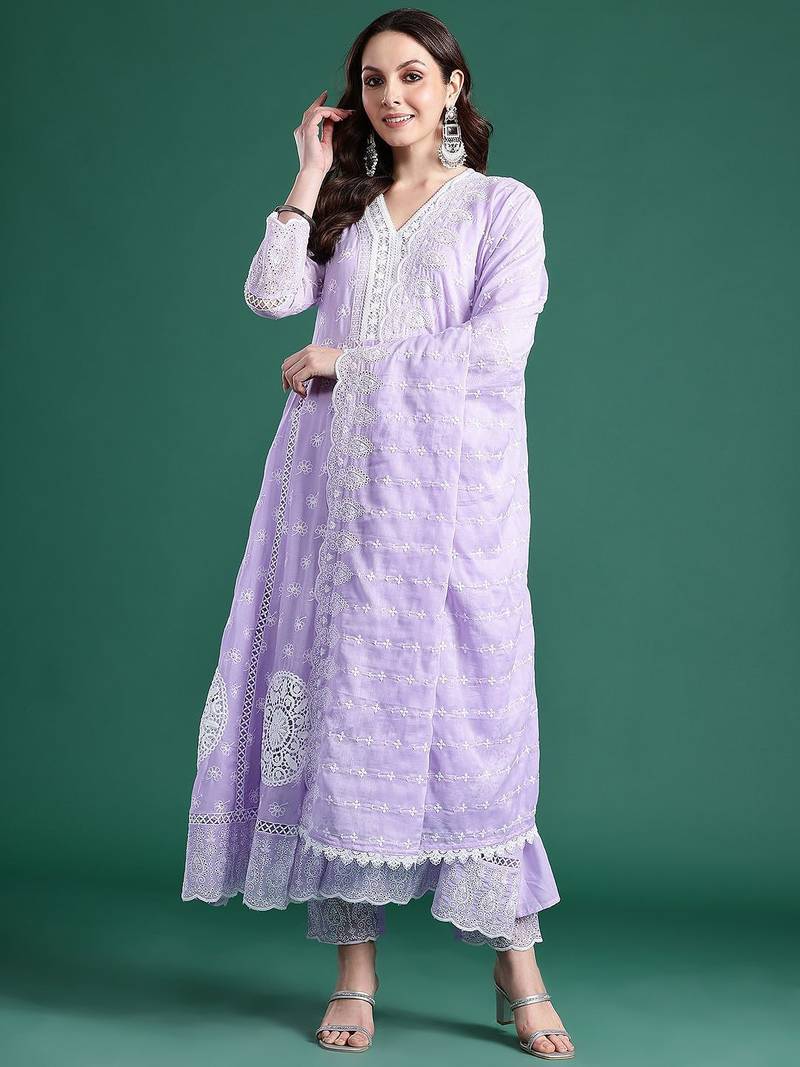 Ethnic Motifs Embroidered Thread Work  Cotton Kurta With Trousers & Dupatta
