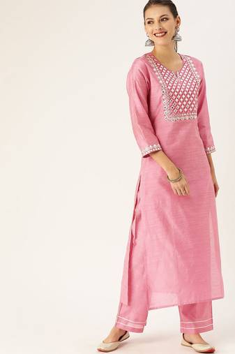 Women Pink Embroidered Mirror Work Kurta with Trousers