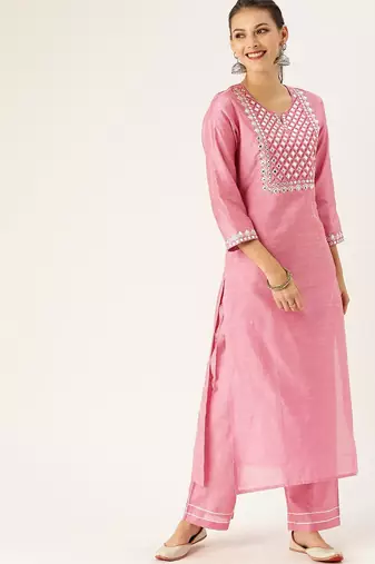 Women Pink Embroidered Mirror Work Kurta with Trousers