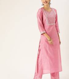 Women Pink Embroidered Mirror Work Kurta with Trousers