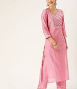 Women Pink Embroidered Mirror Work Kurta with Trousers