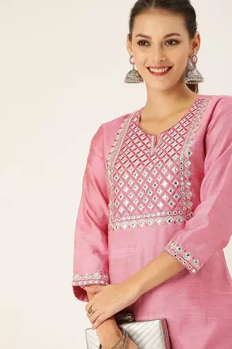 Women Pink Embroidered Mirror Work Kurta with Trousers