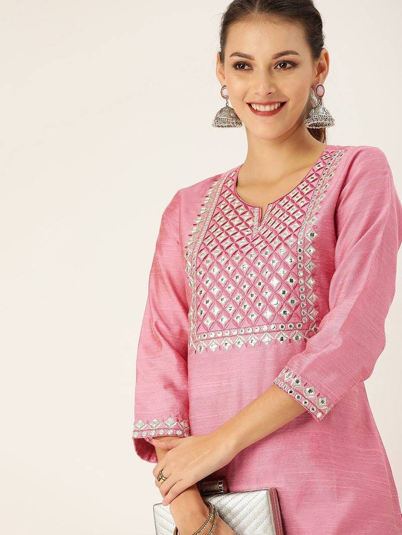 Women Pink Embroidered Mirror Work Kurta with Trousers