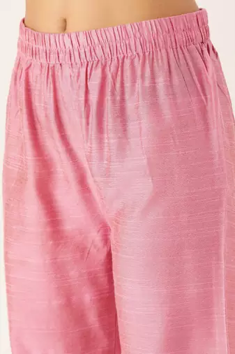 Women Pink Embroidered Mirror Work Kurta with Trousers
