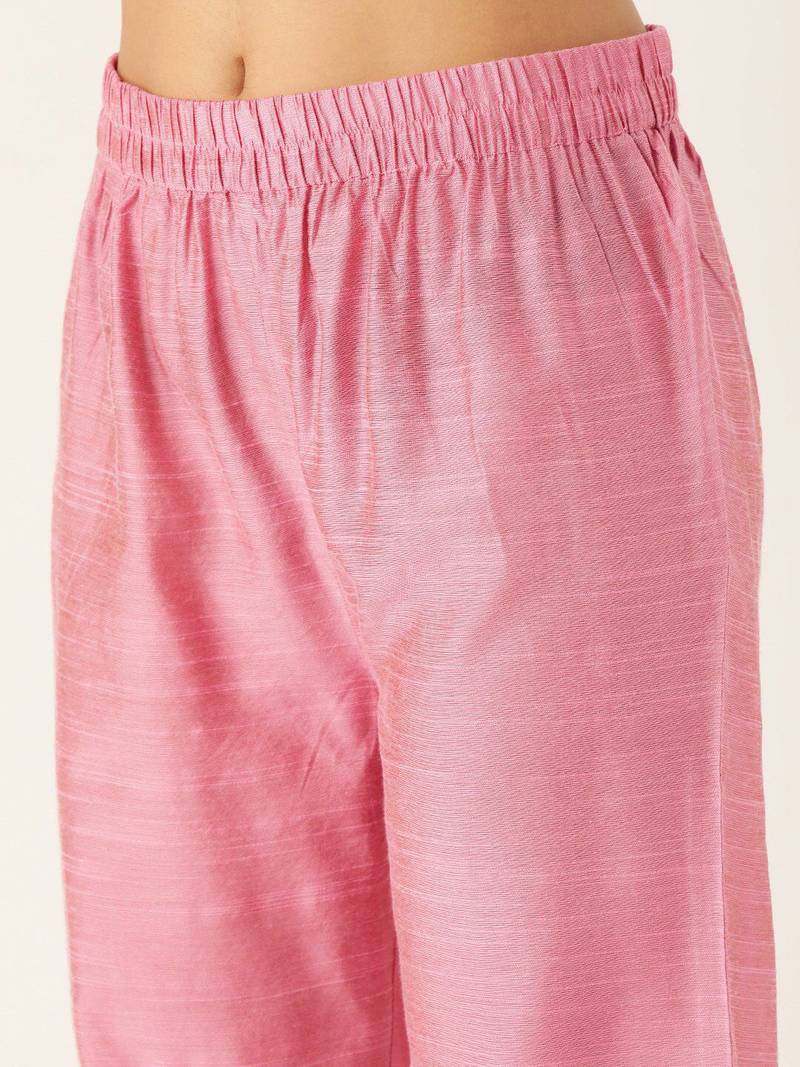Women Pink Embroidered Mirror Work Kurta with Trousers