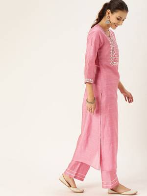 Women Pink Embroidered Mirror Work Kurta with Trousers 4