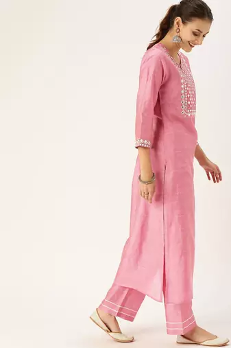 Women Pink Embroidered Mirror Work Kurta with Trousers