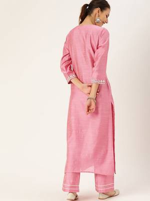 Women Pink Embroidered Mirror Work Kurta with Trousers 5