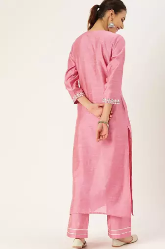 Women Pink Embroidered Mirror Work Kurta with Trousers