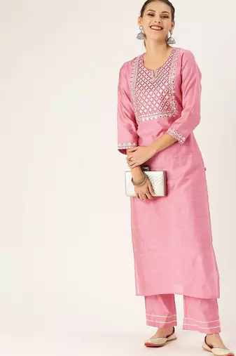 Women Pink Embroidered Mirror Work Kurta with Trousers