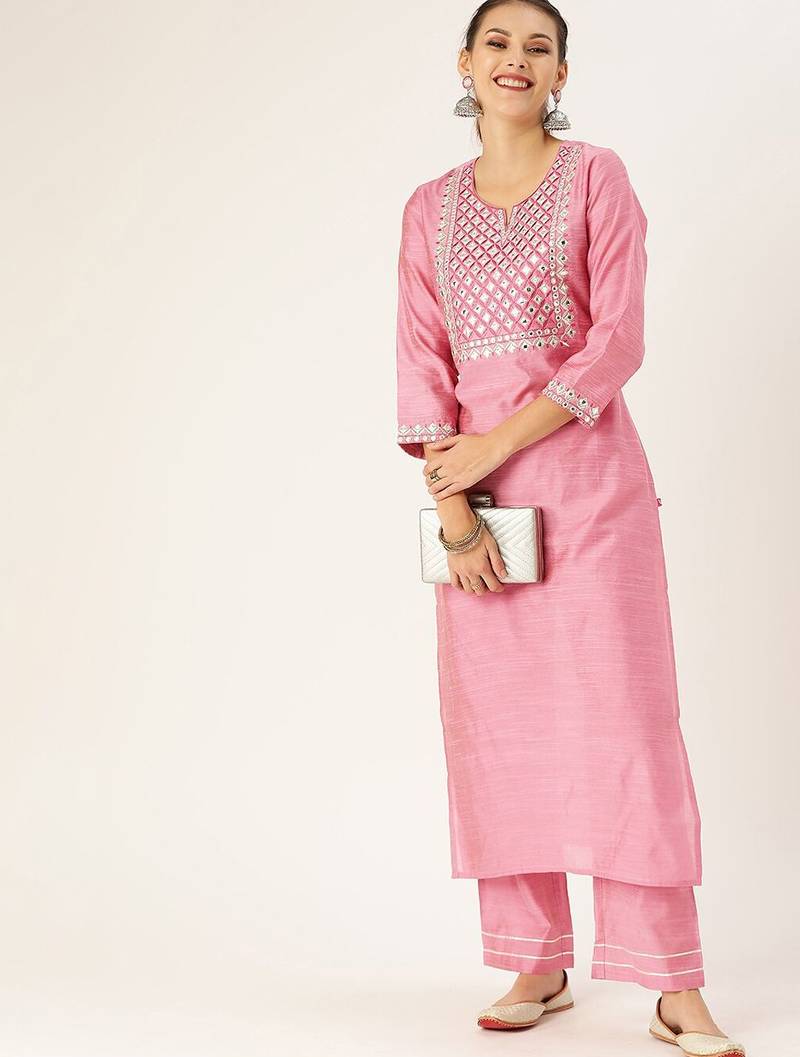 Women Pink Embroidered Mirror Work Kurta with Trousers