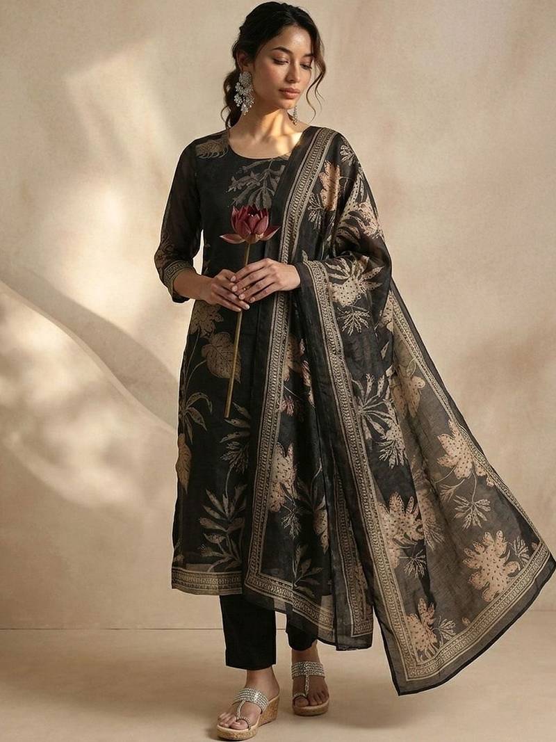 Women Floral Printed Regular Chanderi Silk Kurta with Trousers & With Dupatta