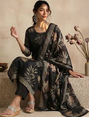 Women Floral Printed Regular Chanderi Silk Kurta with Trousers & With Dupatta 4