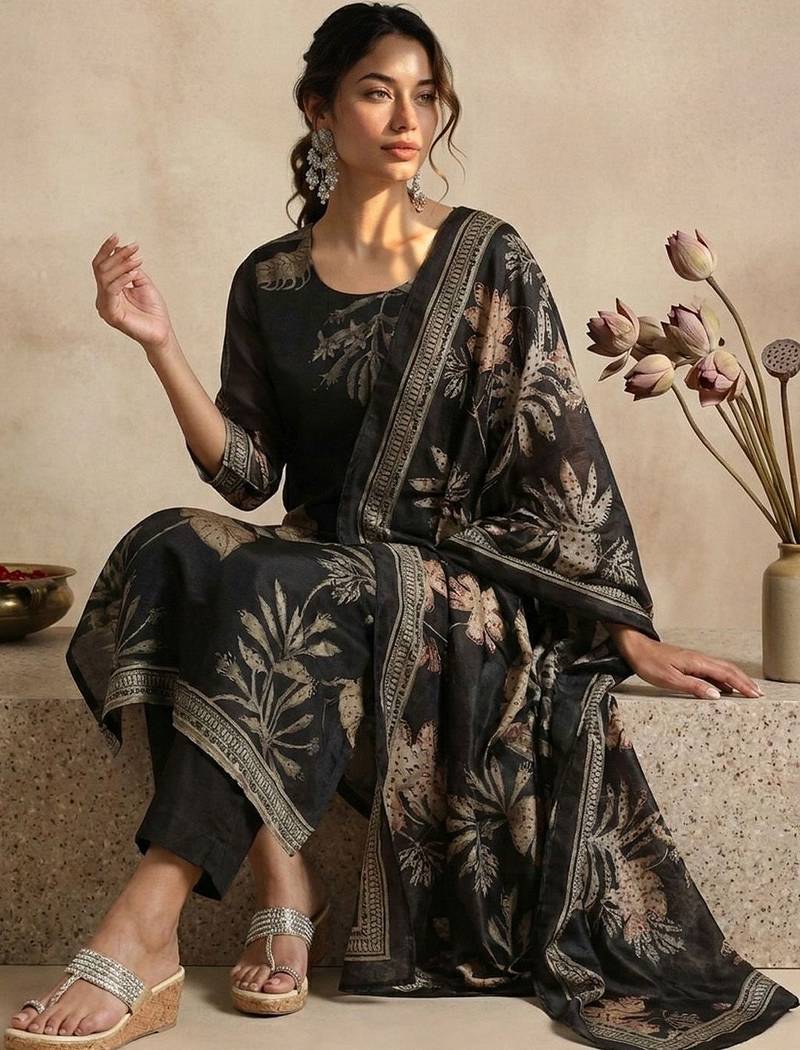 Women Floral Printed Regular Chanderi Silk Kurta with Trousers & With Dupatta