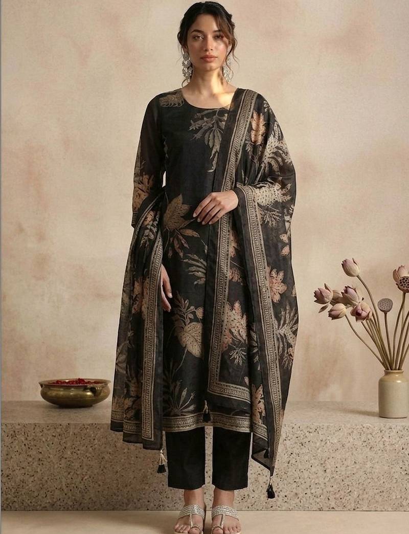 Women Floral Printed Regular Chanderi Silk Kurta with Trousers & With Dupatta