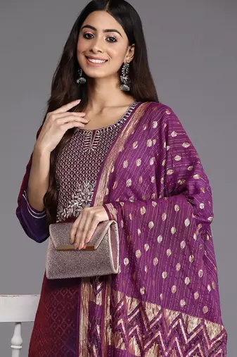 Purple Geometric Woven Design Thread Work Jacquard Kurta with Trousers & Dupatta