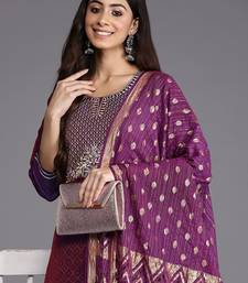 Purple Geometric Woven Design Thread Work Jacquard Kurta with Trousers & Dupatta