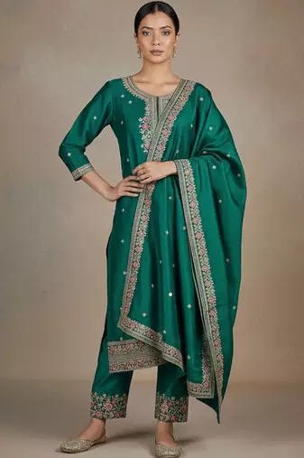 Women Ethnic Motifs Embroidered Regular Thread Work Kurta with Trousers & With Dupatta