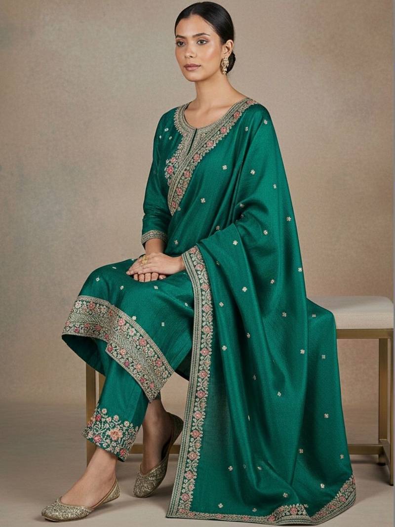 Women Ethnic Motifs Embroidered Regular Thread Work Kurta with Trousers & With Dupatta