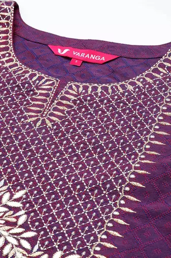 Purple Geometric Woven Design Thread Work Jacquard Kurta with Trousers & Dupatta