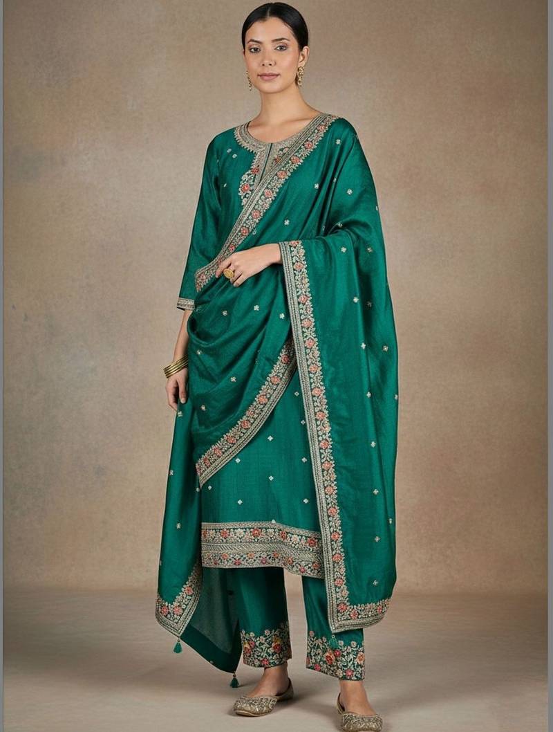 Women Ethnic Motifs Embroidered Regular Thread Work Kurta with Trousers & With Dupatta