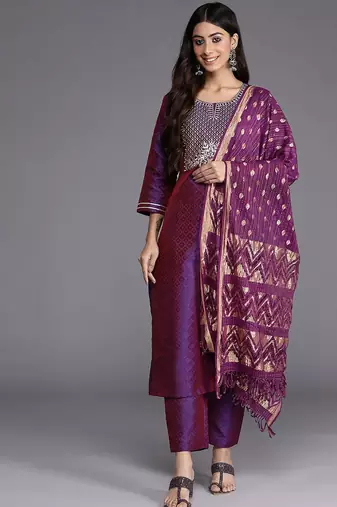 Purple Geometric Woven Design Thread Work Jacquard Kurta with Trousers & Dupatta