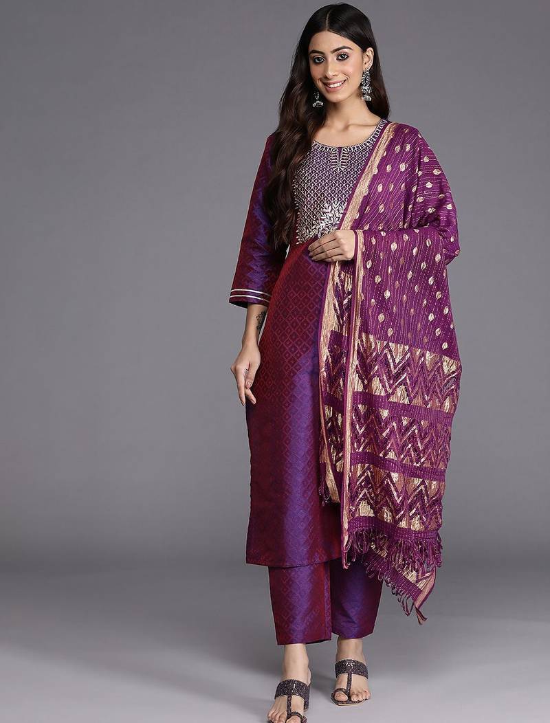 Purple Geometric Woven Design Thread Work Jacquard Kurta with Trousers & Dupatta