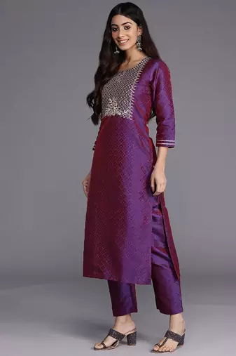 Purple Geometric Woven Design Thread Work Jacquard Kurta with Trousers & Dupatta