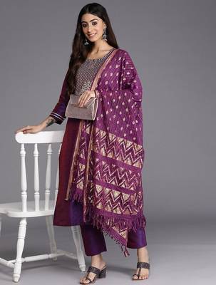 Purple Geometric Woven Design Thread Work Jacquard Kurta with Trousers & Dupatta 1