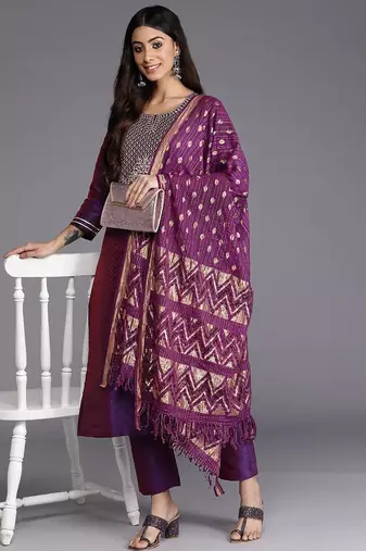 Purple Geometric Woven Design Thread Work Jacquard Kurta with Trousers & Dupatta