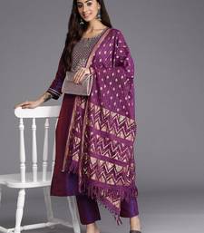Purple Geometric Woven Design Thread Work Jacquard Kurta with Trousers & Dupatta