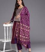 Purple Geometric Woven Design Thread Work Jacquard Kurta with Trousers & Dupatta
