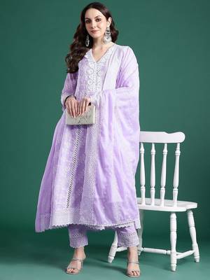 Ethnic Motifs Embroidered  Cotton Kurta with Trousers & Dupatta 1