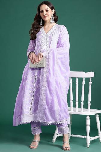 Ethnic Motifs Embroidered  Cotton Kurta with Trousers & Dupatta