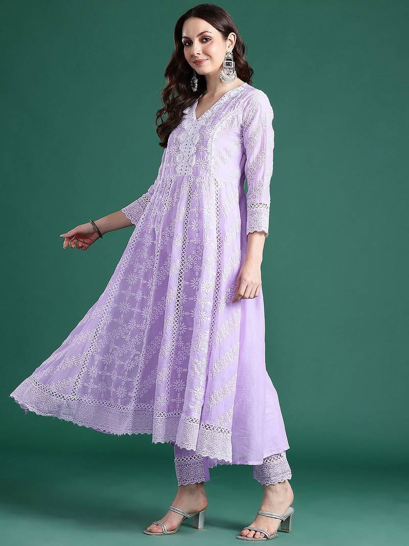 Ethnic Motifs Embroidered  Cotton Kurta with Trousers & Dupatta