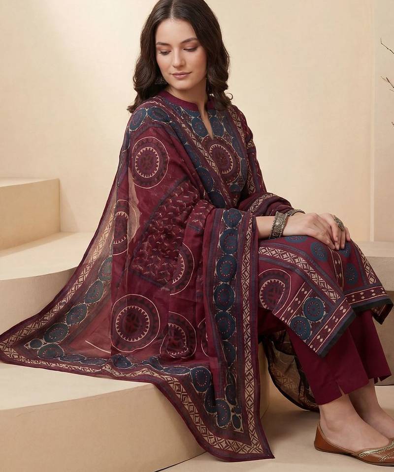 Women Ethnic Motifs Printed Mirror Work Pure Cotton Kurta & Trousers With Dupatta