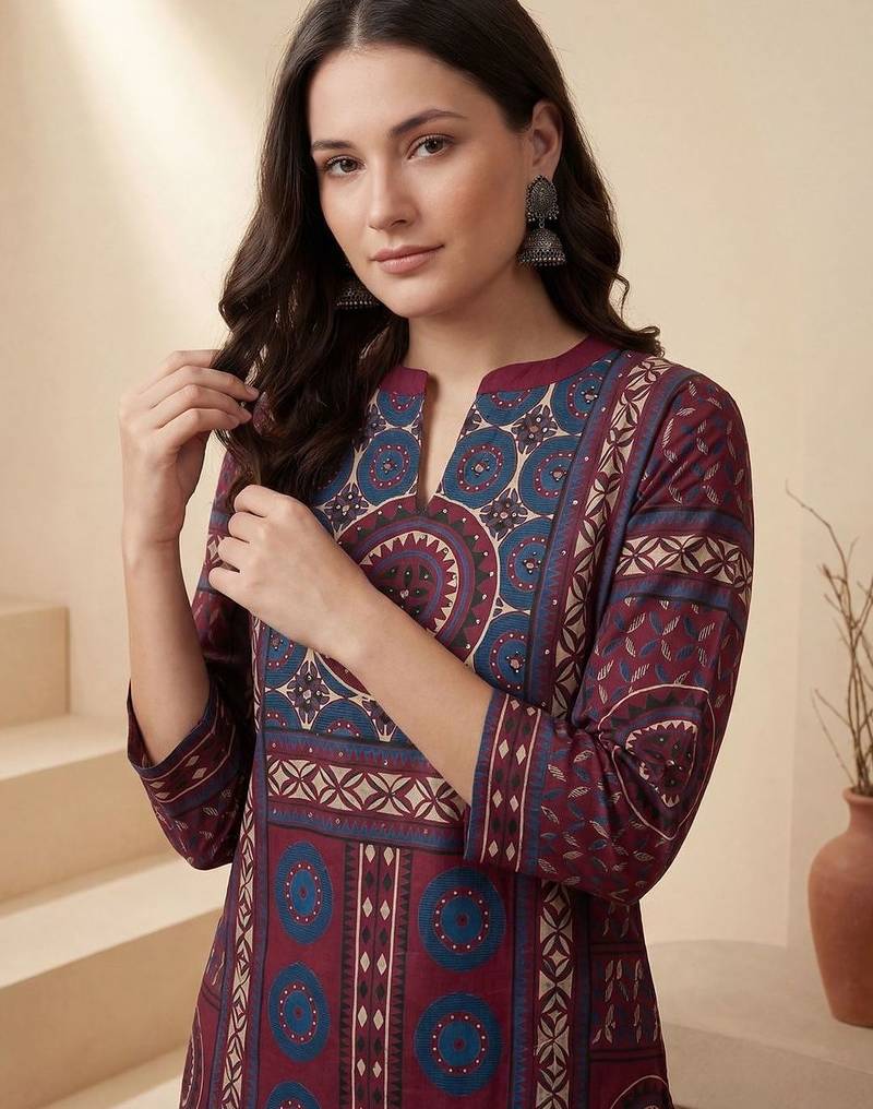 Women Ethnic Motifs Printed Mirror Work Pure Cotton Kurta & Trousers With Dupatta