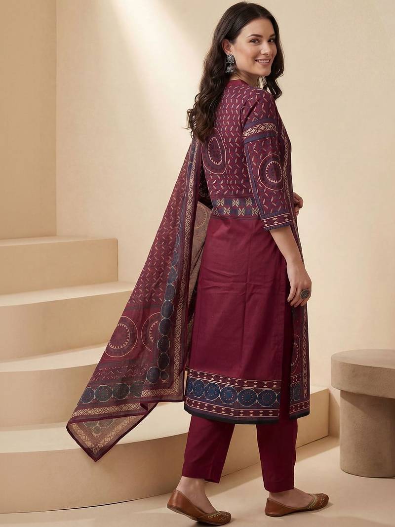 Women Ethnic Motifs Printed Mirror Work Pure Cotton Kurta & Trousers With Dupatta