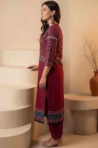 Women Ethnic Motifs Printed Mirror Work Pure Cotton Kurta & Trousers With Dupatta