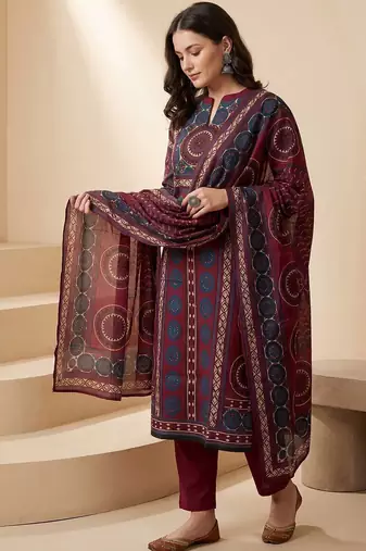 Women Ethnic Motifs Printed Mirror Work Pure Cotton Kurta & Trousers With Dupatta