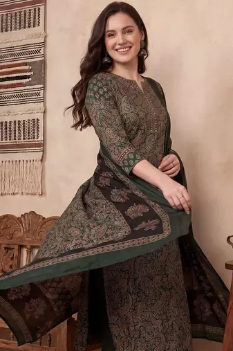 Women Ethnic Motifs Printed Regular Thread Work Pure Cotton Kurta with Trousers & With Dupatta