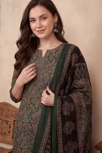 Women Ethnic Motifs Printed Regular Thread Work Pure Cotton Kurta with Trousers & With Dupatta