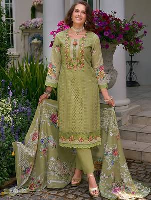 Women Embroidered Straight  Cotton Kurta Trousers With Dupatta set 1