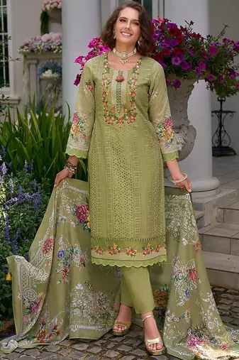 Women Embroidered Straight  Cotton Kurta Trousers With Dupatta set